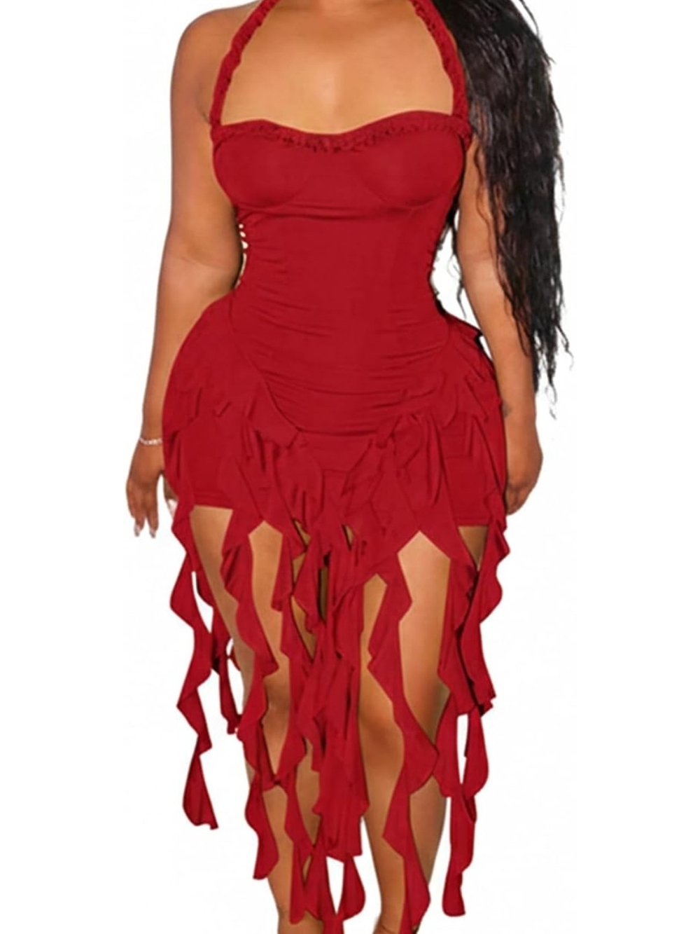 Red Halter Fringe Bodycon Dress